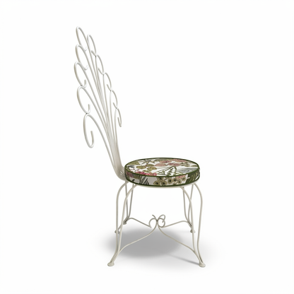 Plume Chair by TIBA-TIBA – white powder coated steel maximalist garden chair with green and pink tropical pattern outdoor cushion 