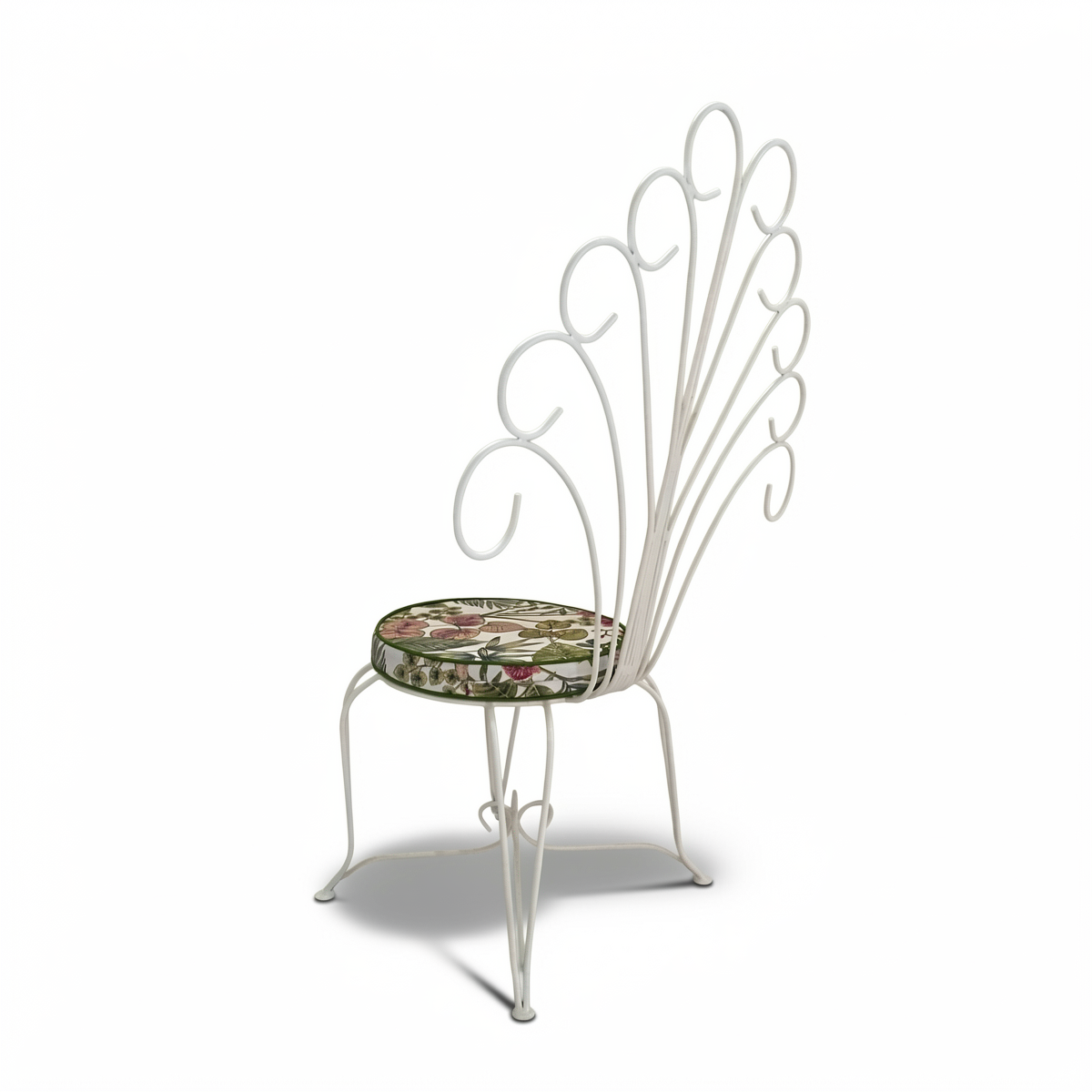 Plume Chair by TIBA-TIBA – white steel peacock chair with decorative curved metal backrest and tropical plant round cushion