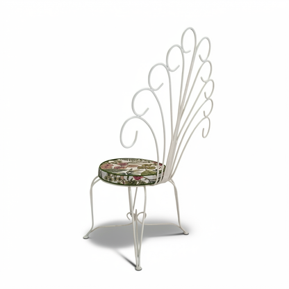 Plume Chair by TIBA-TIBA – white steel peacock chair with decorative curved metal backrest and tropical plant round cushion