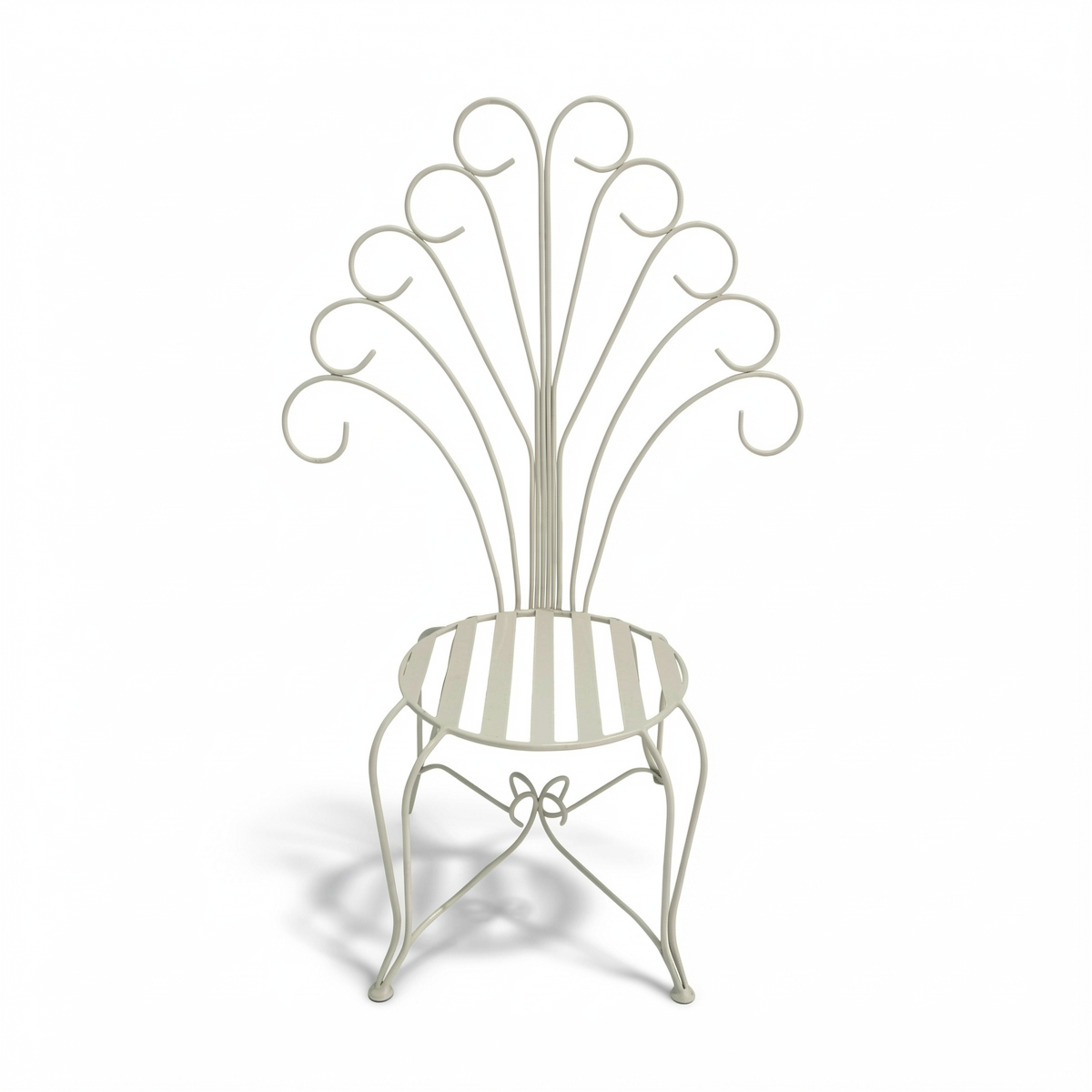 Plume Chair by TIBA-TIBA – white steel peacock chair frame with decorative curved metal back.