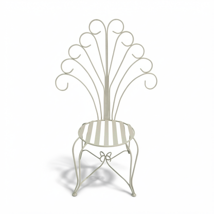 Plume Chair by TIBA-TIBA – white steel peacock chair frame with decorative curved metal back.
