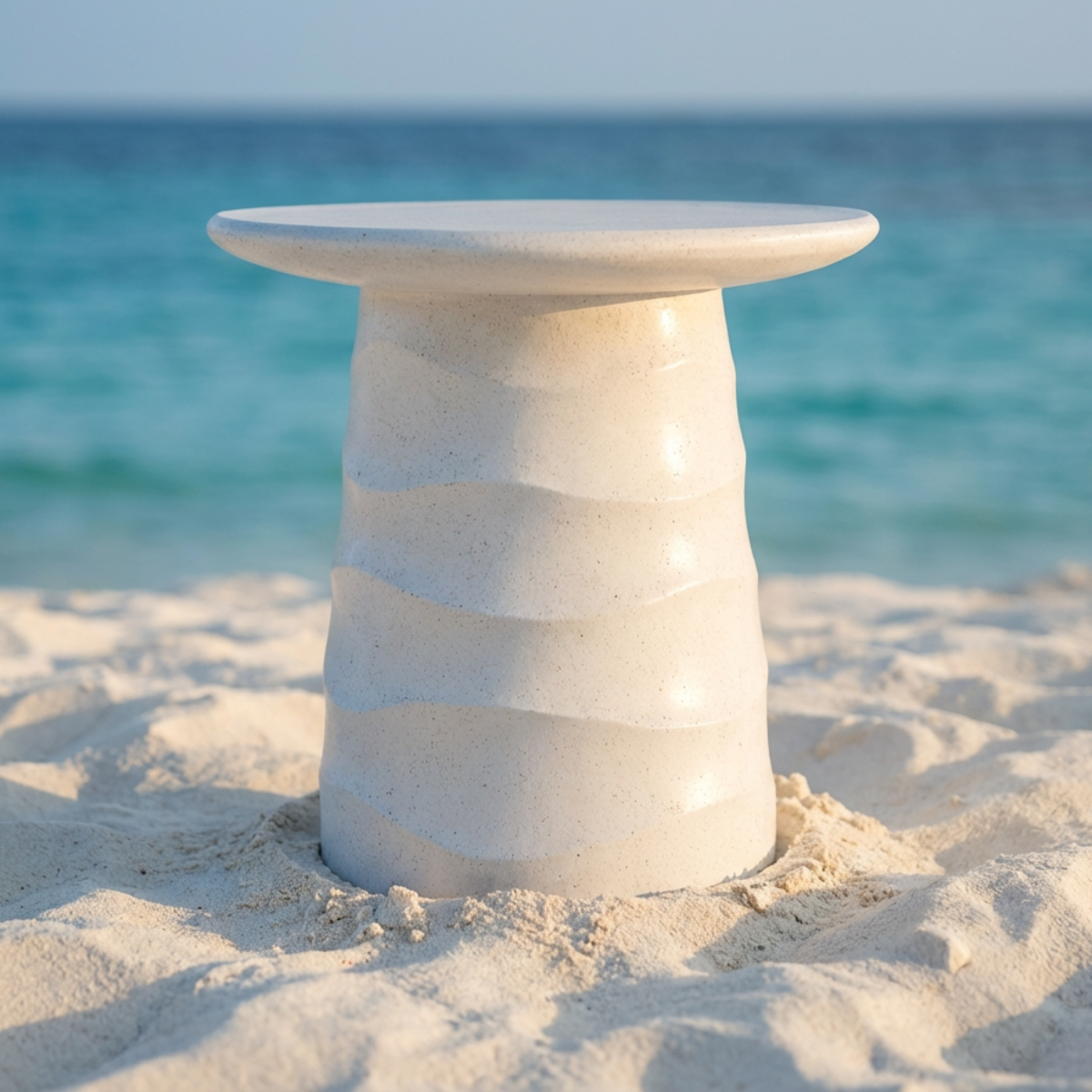 Jetty Side Table by TIBA-TIBA - white terrazzo outdoor side table with horizontal wave motif in sand at tropical beach. 