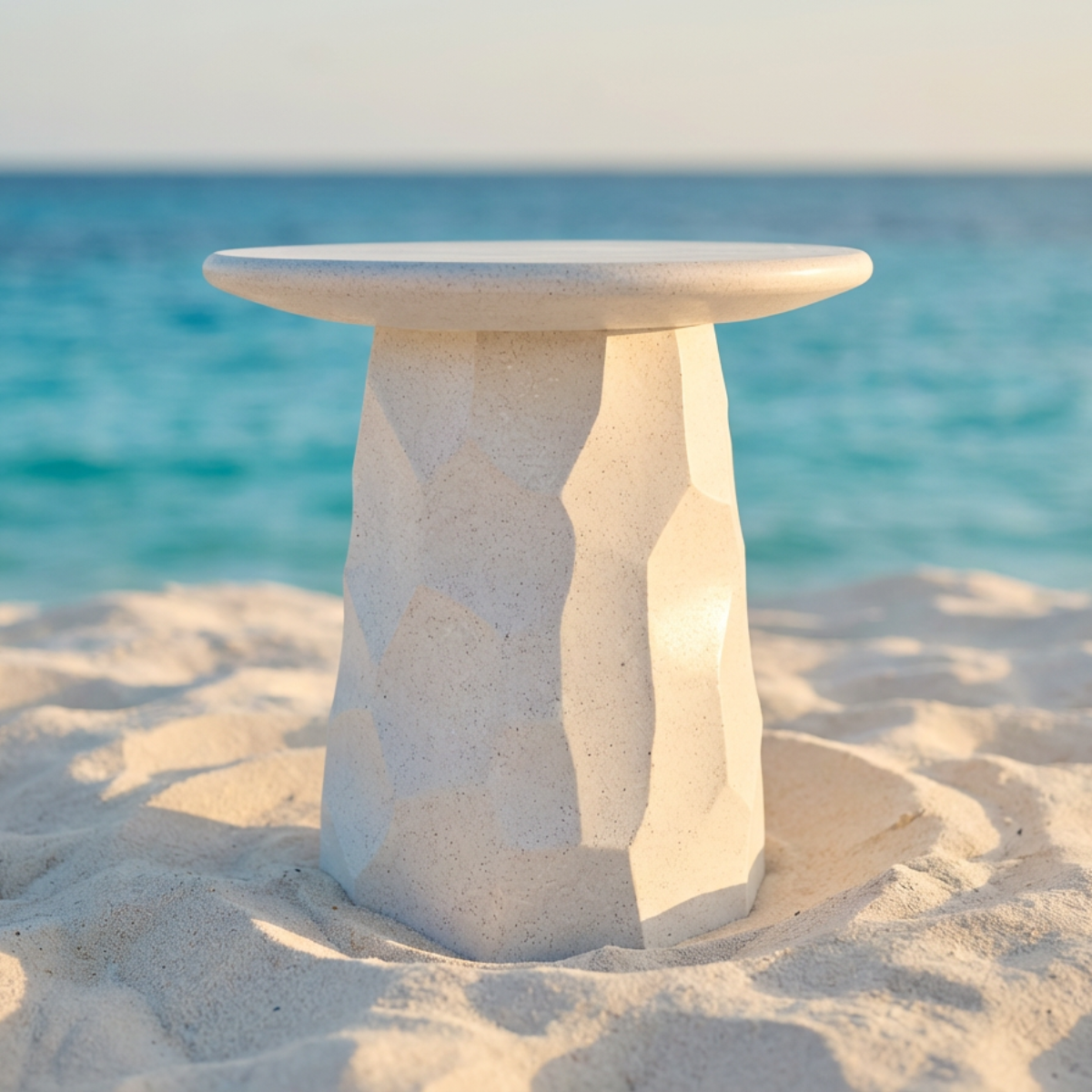 Jetty Side Table by TIBA-TIBA - white terrazzo outdoor side table with organic hexagon motif in sand at tropical beach. 