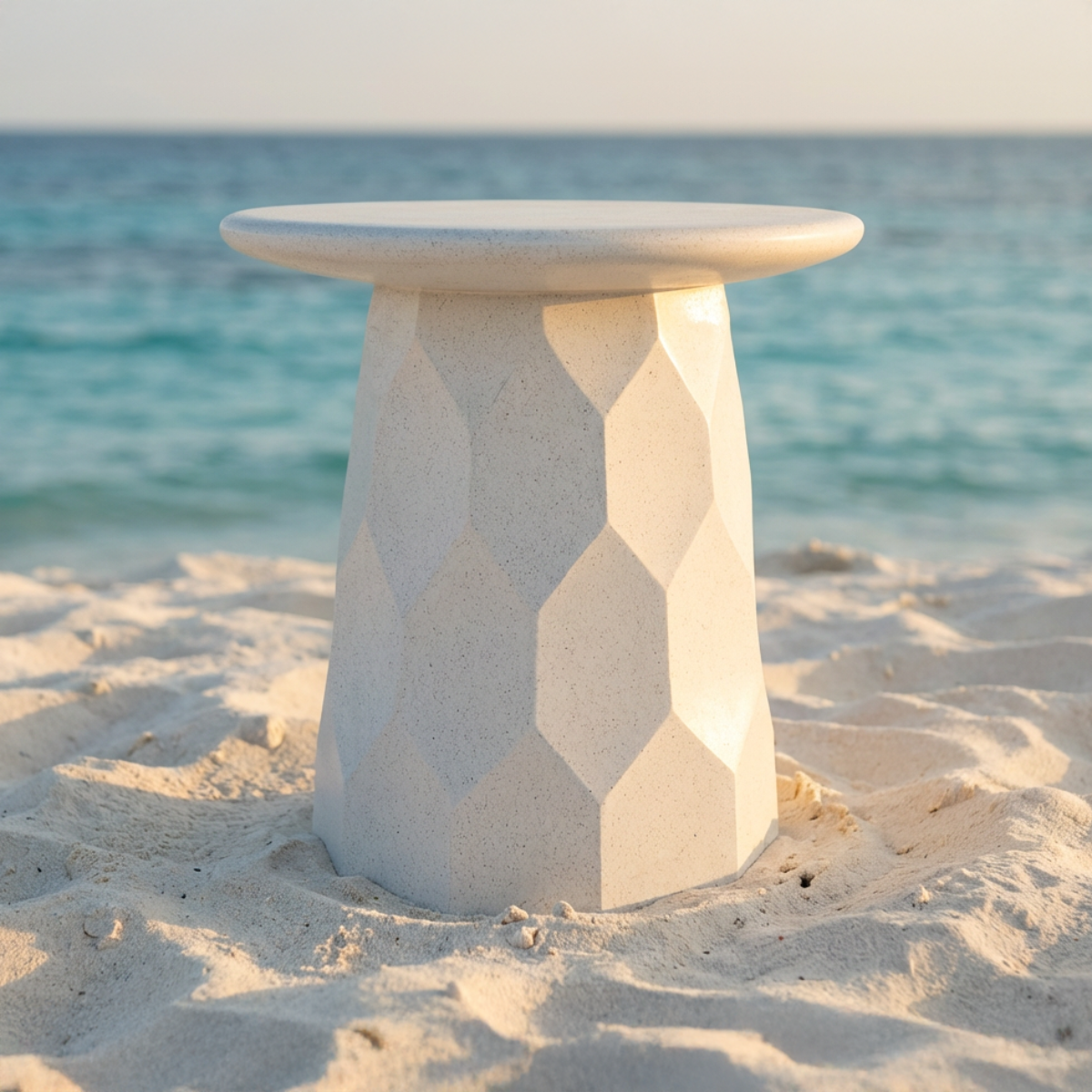 Jetty Side Table by TIBA-TIBA - white terrazzo outdoor side table with hexagon motif in sand at tropical beach. 