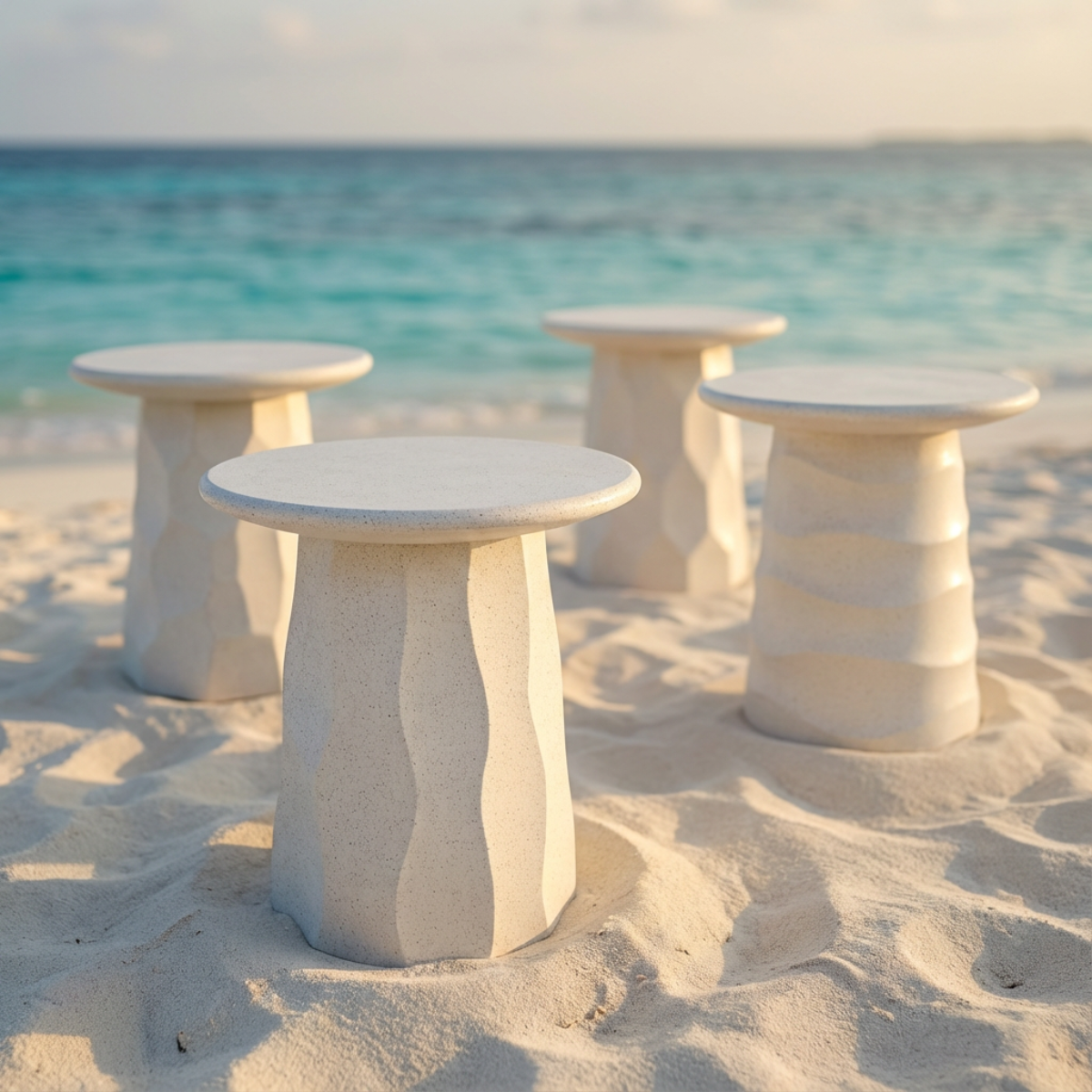 Jetty Side Table by TIBA-TIBA - group of four terrazzo outdoor side tables with geometric carved motifs in sand at tropical beach. 