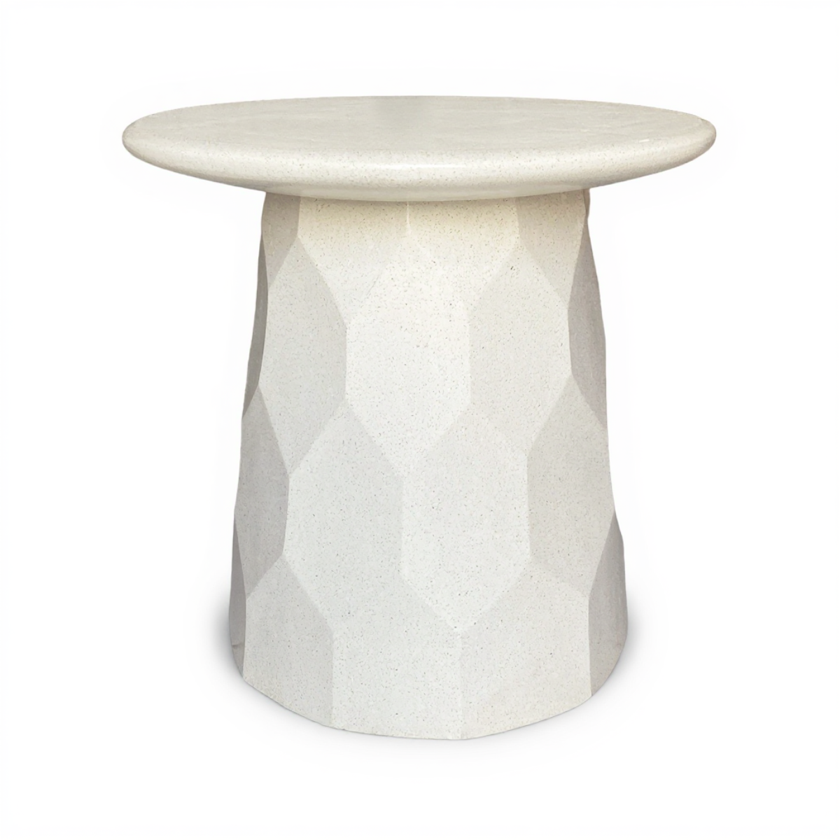 Jetty Side Table by TIBA-TIBA — modern white terrazzo outdoor side table with geometric hexagon texture and rounded edge profile, hand made in Bali 