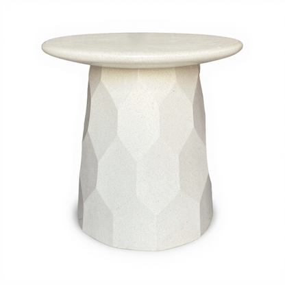Jetty Side Table by TIBA-TIBA — modern white terrazzo outdoor side table with geometric hexagon texture and rounded edge profile, hand made in Bali 