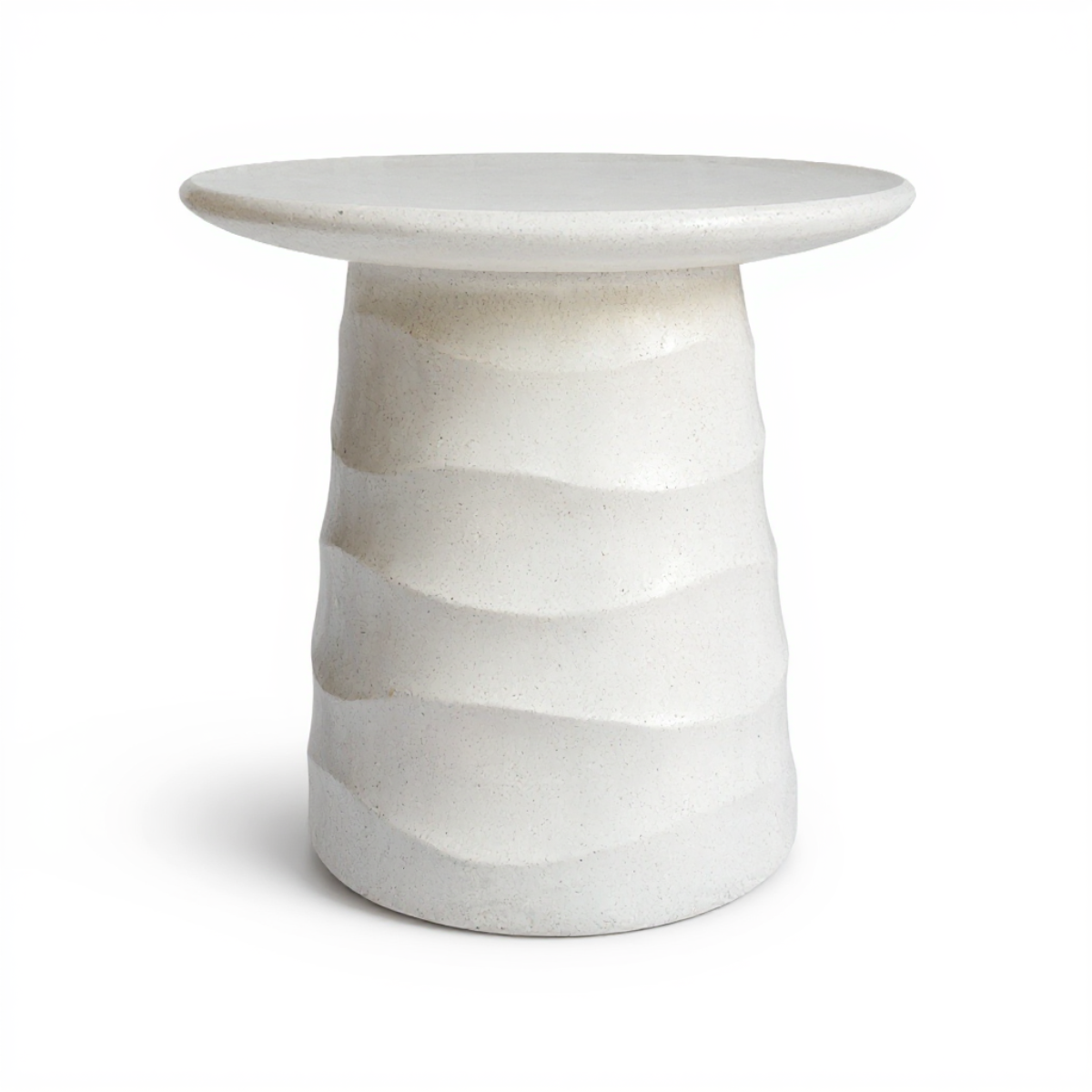 Jetty Side Table by TIBA-TIBA — modern white terrazzo outdoor side table with horizontal wave texture and rounded edge top, hand made in Bali 