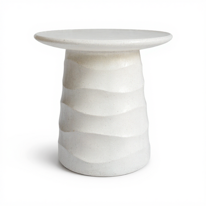 Jetty Side Table by TIBA-TIBA — modern white terrazzo outdoor side table with horizontal wave texture and rounded edge top, hand made in Bali 
