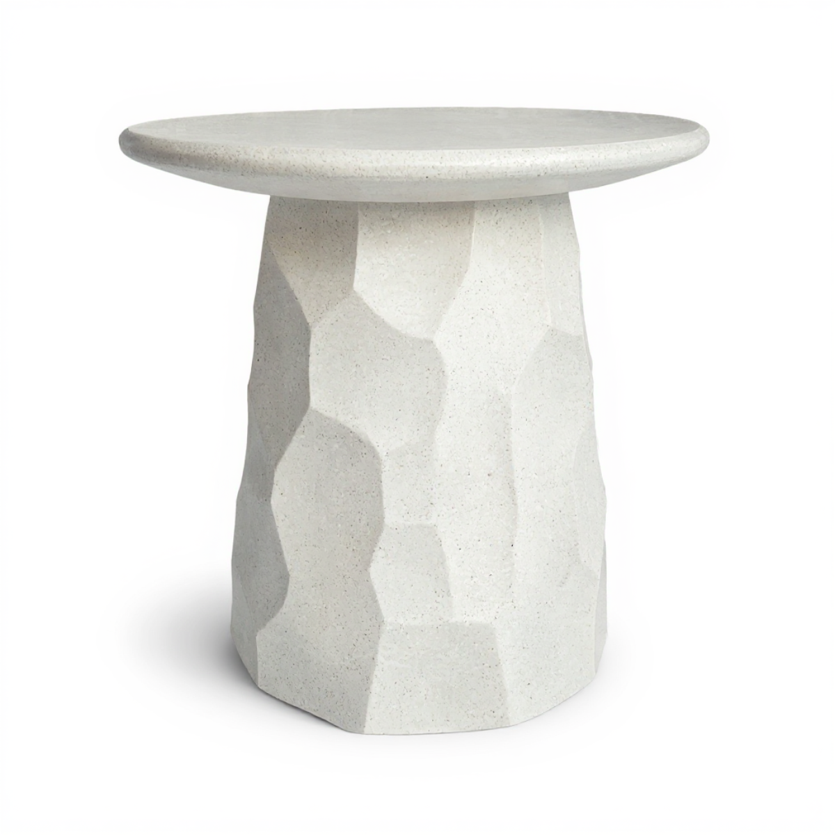 Jetty Side Table by TIBA-TIBA — modern white terrazzo outdoor side table with organic hexagon texture and rounded edge profile, hand made in Bali 