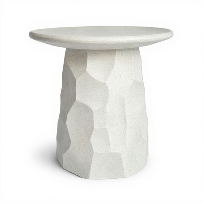 Jetty Side Table by TIBA-TIBA — modern white terrazzo outdoor side table with organic hexagon texture and rounded edge profile, hand made in Bali 