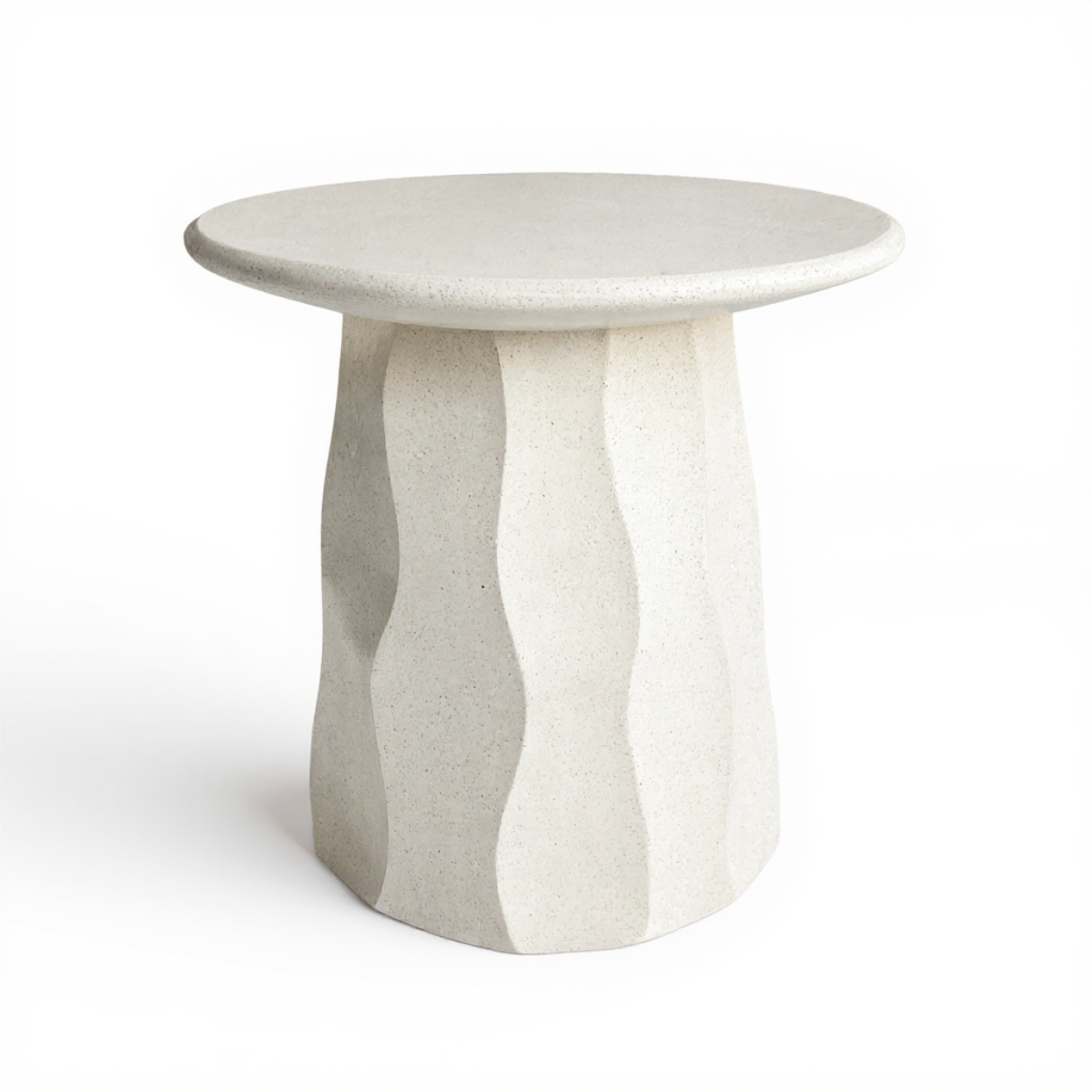 Jetty Side Table by TIBA-TIBA — modern white terrazzo outdoor side table with vertical wave texture and rounded edge top, hand crafted in Bali 