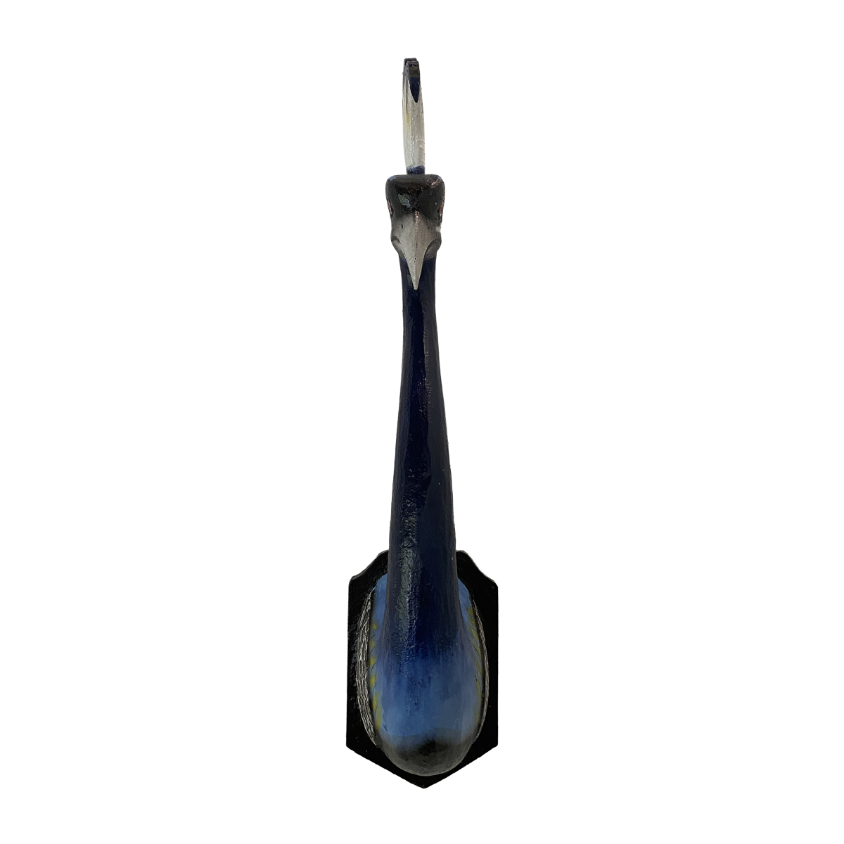 Peacock Bird Bust by TIBA-TIBA – hand-painted wooden blue peacock wall decor, front view. 