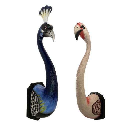 Flamingo and Peacock Bird Bust by TIBA-TIBA - tropical wall decor of hand-painted wooden peacock and flamingo busts.
