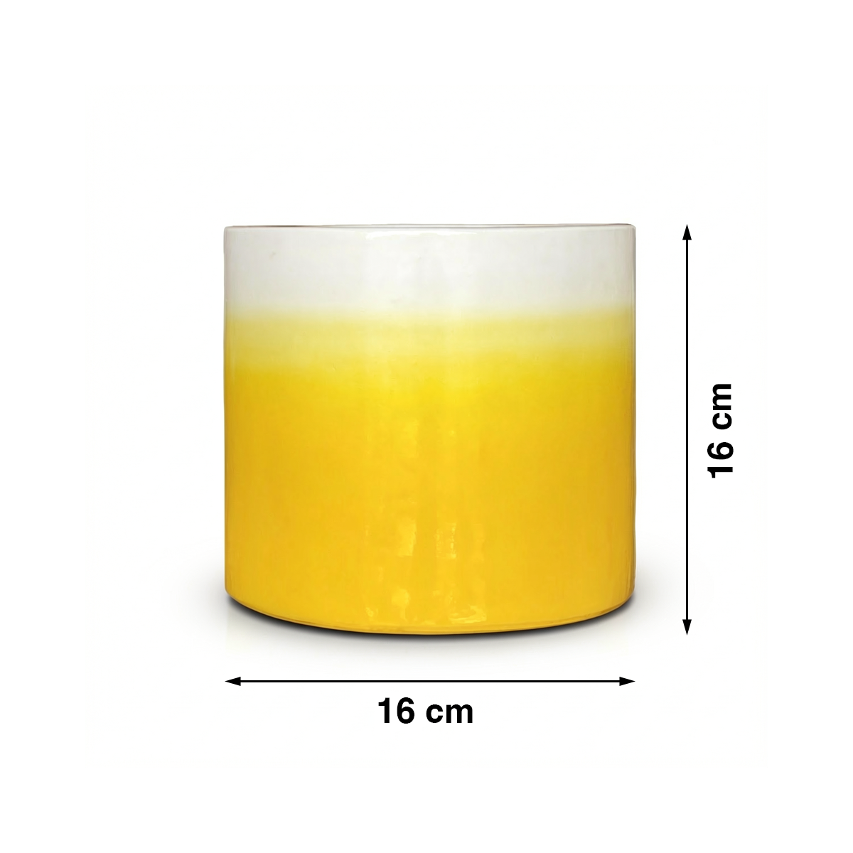 Fade Cylinder planter by TIBA-TIBA – Yellow ceramic plant pot with a glossy, glazed gradient finish that fades to white at the top. 