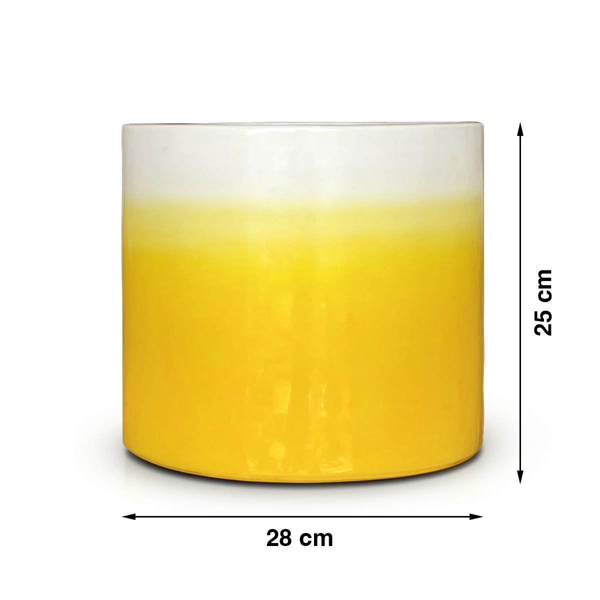 Fade Cylinder planter by TIBA-TIBA – Yellow terracotta plant pot with a glossy, glazed gradient finish that fades to white at the top. 