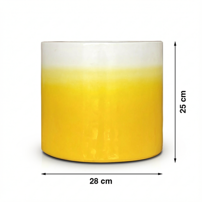 Fade Cylinder planter by TIBA-TIBA – Yellow terracotta plant pot with a glossy, glazed gradient finish that fades to white at the top. 