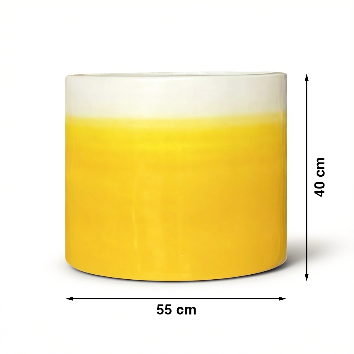 Fade Cylinder planter by TIBA-TIBA – Extra large yellow and white outdoor ceramic planter with a glossy, ombre to white finish. Handmade in Bali.