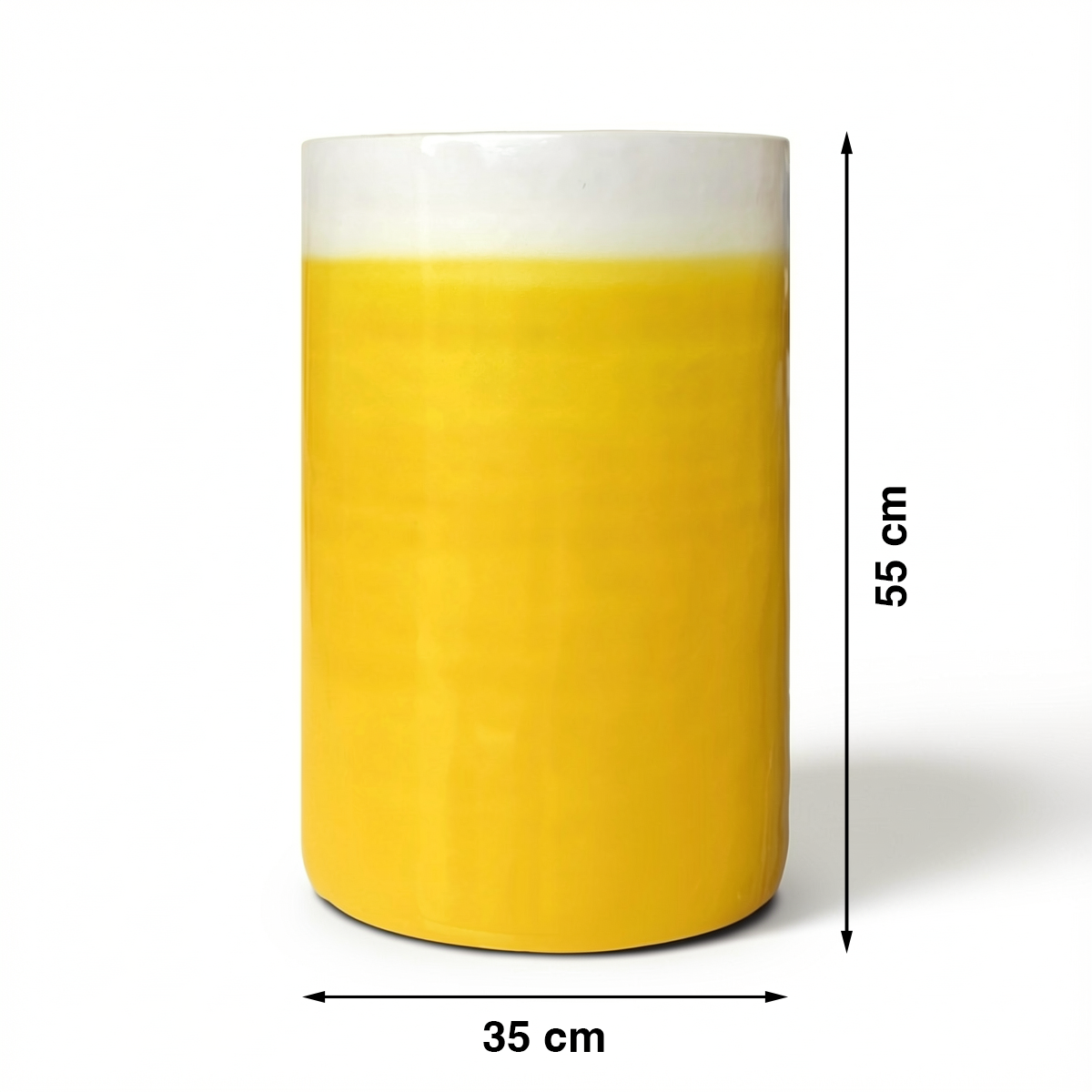 Fade Cylinder planter by TIBA-TIBA – Yellow ceramic planter with a high-gloss, ombre glaze finish that fades to white at the top. 