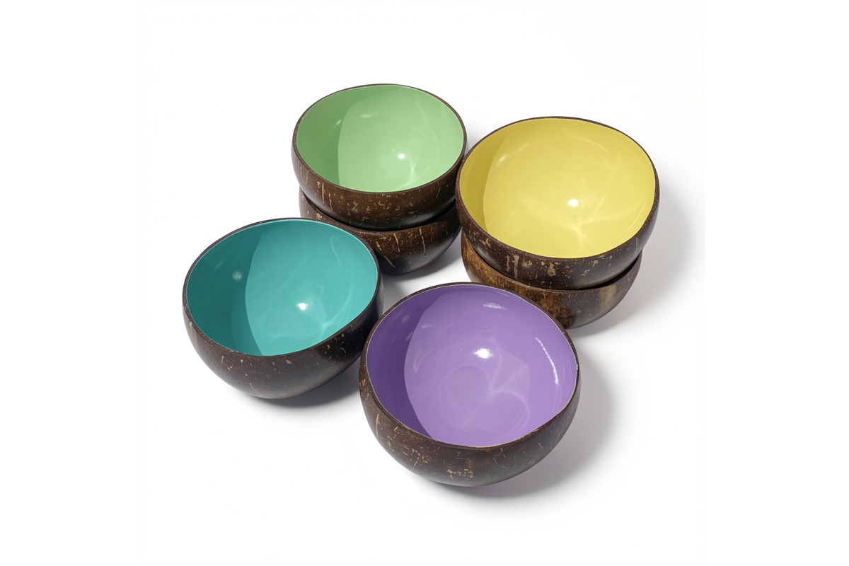 Stacks of Dots colourful coconut bowls by TIBA-TIBA showing mint greeen, banana, lilac and turquoise colours